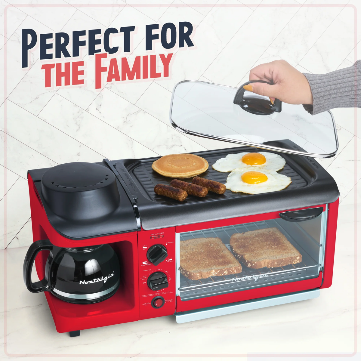 Retro 3-In-1 Breakfast Station with Coffeemaker, Griddle, and Toaster Oven, Retro Red