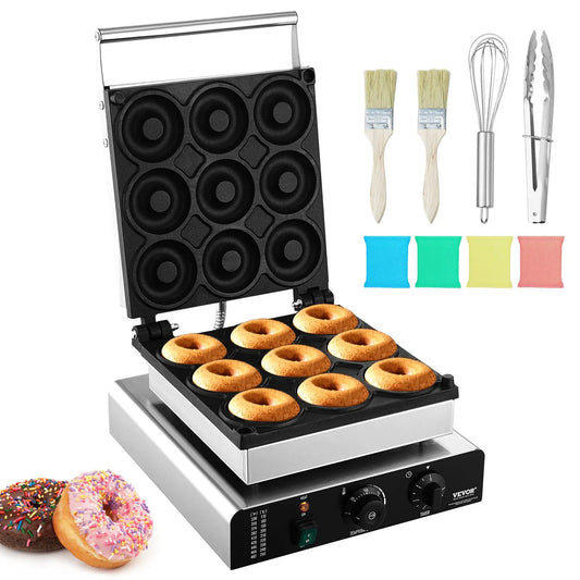 VEVOR 2000W Commercial Electric Donut Maker with Non-Stick Surface and Double-Sided Heating, Producing 9 Doughnuts, Temperature Range 122-572℉, Ideal for Restaurant and Home Use