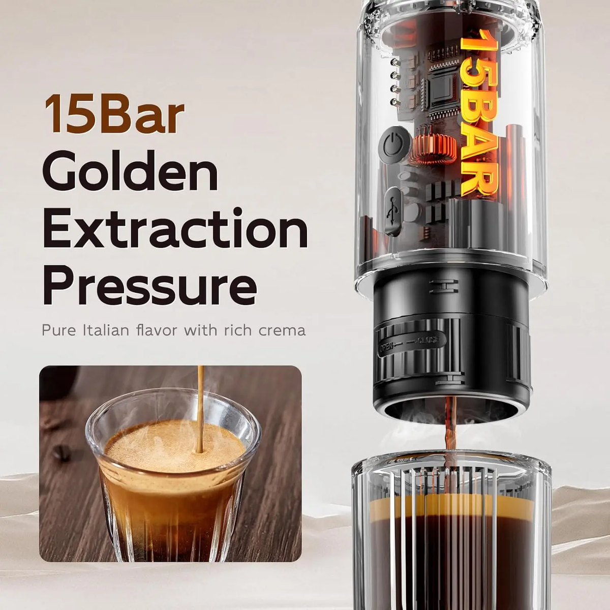 Outohome Portable Electric Espresso Machine - 15 Bar Self-Heating Outdoor Coffee Maker for Camping with Ground Coffee and NS Capsule, Ideal for RV Coffee Bar Station