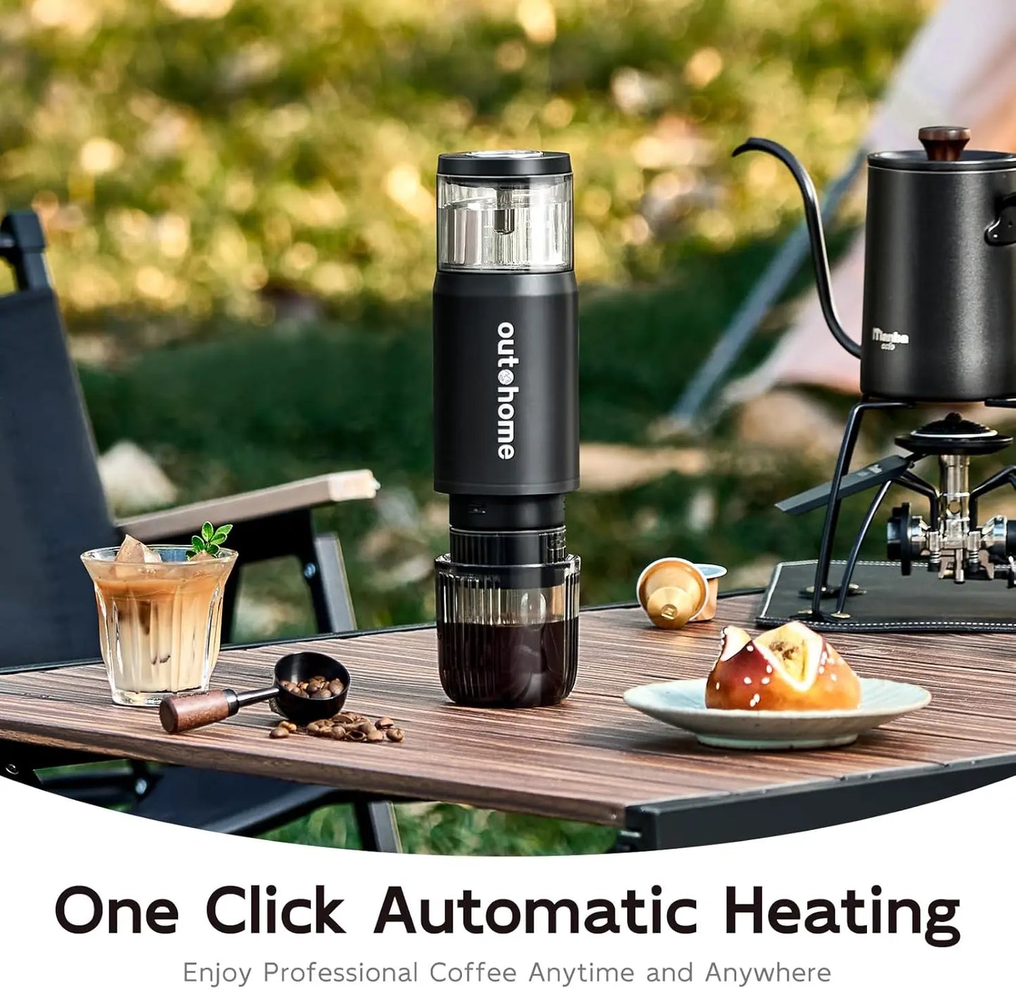 Outohome Portable Electric Espresso Machine - 15 Bar Self-Heating Outdoor Coffee Maker for Camping with Ground Coffee and NS Capsule, Ideal for RV Coffee Bar Station