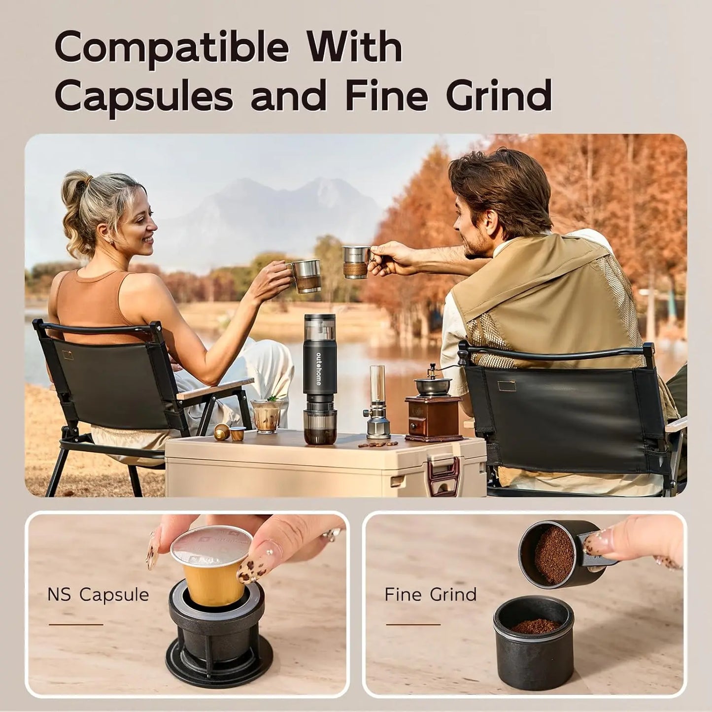 Outohome Portable Electric Espresso Machine - 15 Bar Self-Heating Outdoor Coffee Maker for Camping with Ground Coffee and NS Capsule, Ideal for RV Coffee Bar Station