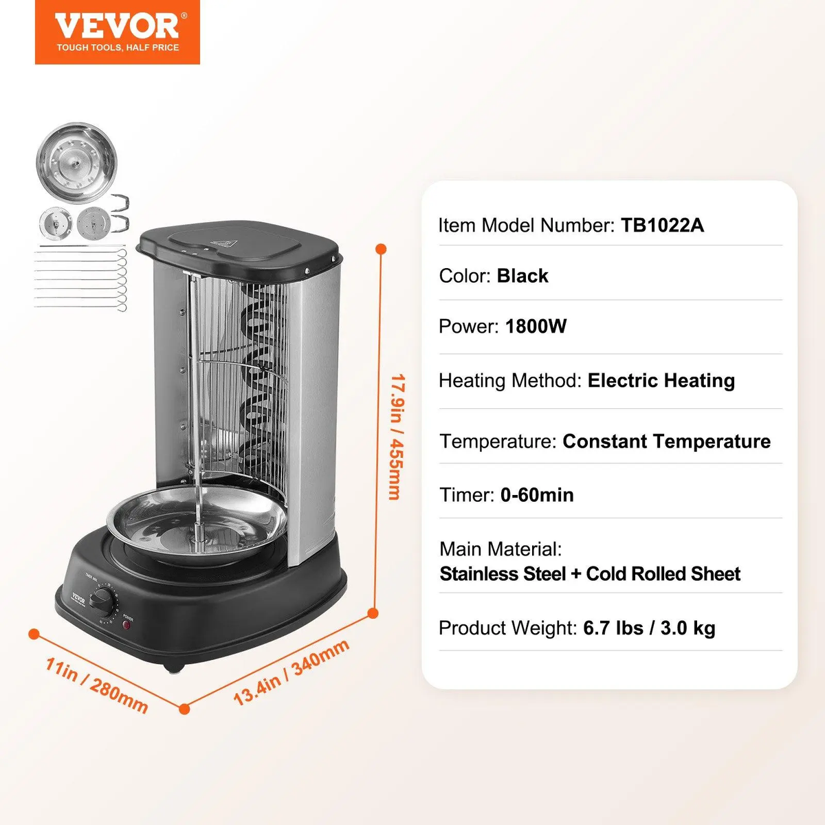 VEVOR Professional Stainless Steel Vertical Shawarma Grill and Gyro Rotisserie Machine