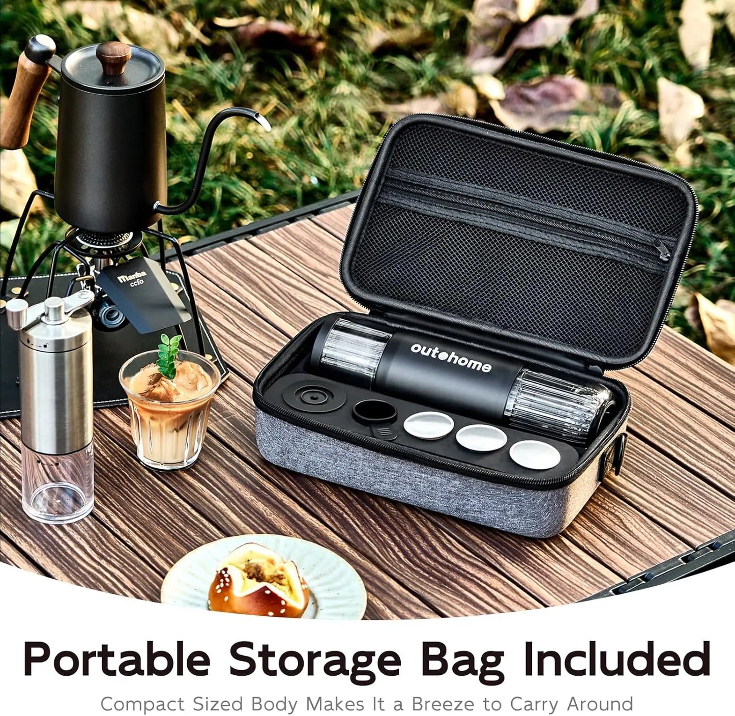 Outohome Portable Electric Espresso Machine - 15 Bar Self-Heating Outdoor Coffee Maker for Camping with Ground Coffee and NS Capsule, Ideal for RV Coffee Bar Station